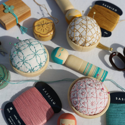 [Sashiko Kit] Wooden Bowl Pincushion - 3 Pattern Options - 0