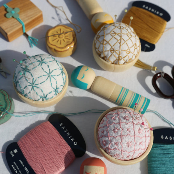 [Sashiko Kit] Wooden Bowl Pincushion - 3 Pattern Options