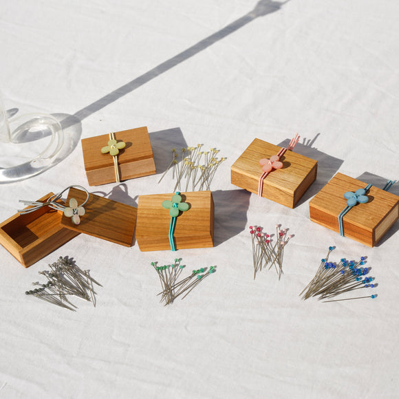 Glass Sewing Pins in a Cherry-Wood Box