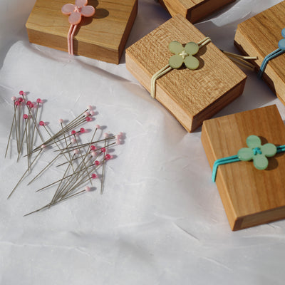 Glass Sewing Pins in a Cherry-Wood Box - 0