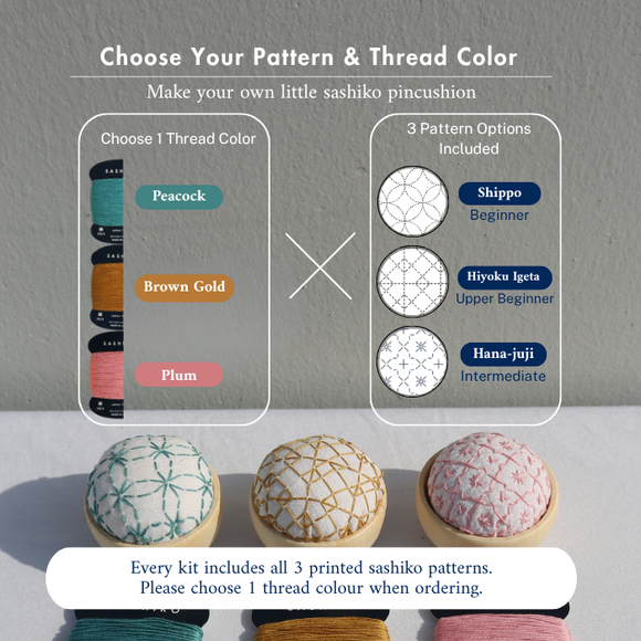 [Sashiko Kit] Wooden Bowl Pincushion - 3 Pattern Options